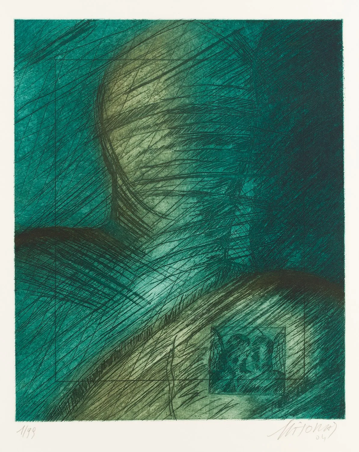 Angelo Fasciato — Igor Mitoraj, 2004 eau-forte couleur et aquatinte en vert émeraude, tête bandée de profil, signé Mitoraj '04