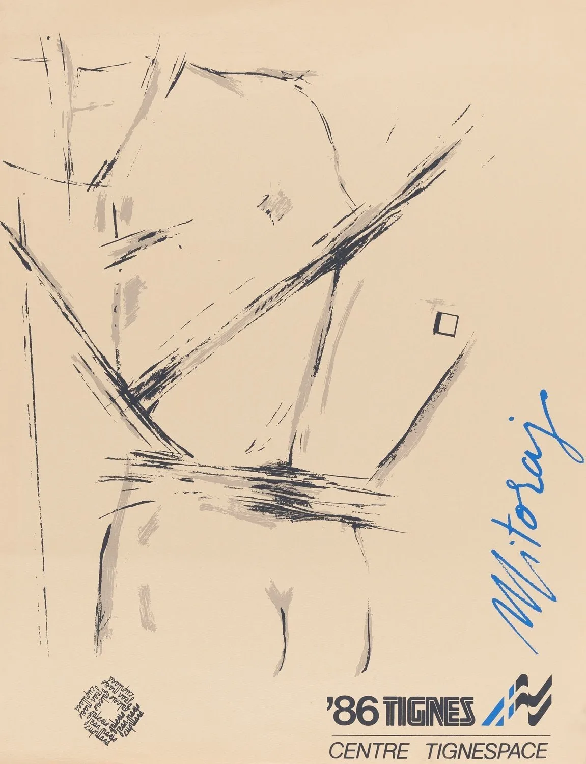'86 Tignes Centre Tignespace — Igor Mitoraj, 1986 affiche signée : esquisse gestuelle à l'encre d'un torse fragmenté sur papier crème, signée à la main à l'encre bleue